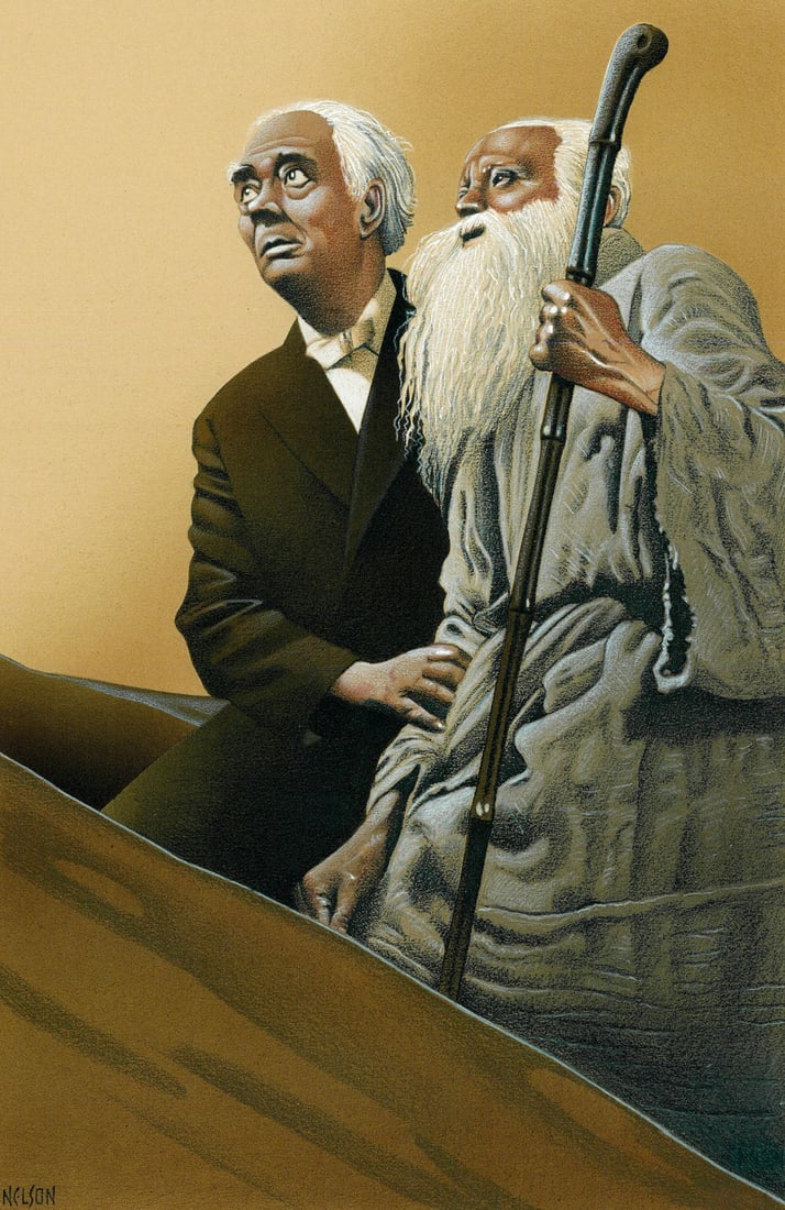 Bill Nelson (US,20C) mixed media painting: ARTIST: Bill Nelson (American, 20 century) TITLE: Illustration YEAR: 1985 MEDIUM: mixed media on board CONDITION: Overall good. ART SIZE: