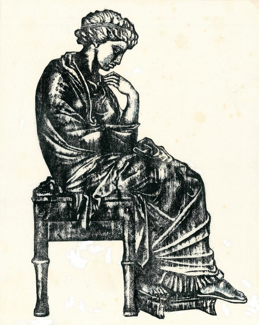 Carla Bauer (NY,20/21C) woodblock print: ARTIST: Carla Bauer (New York, 20/21 centuries) TITLE: Illustration - Andromache YEAR: 1980s MEDIUM: woodblock print on paper. Paper applied to board. CONDITION:<