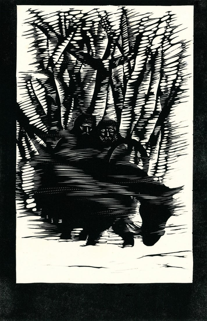 Don Bolognese (NY,VT,b 1934) woodcut print: ARTIST: Don Bolognese (NY, VT, born 1934) & Elaine Raphael (NY, VT, 1933 - 2013) TITLE: Illustration - Kreutzer Sonata YEAR: 1983 MEDIUM: woodcut print on paper. Paper appli