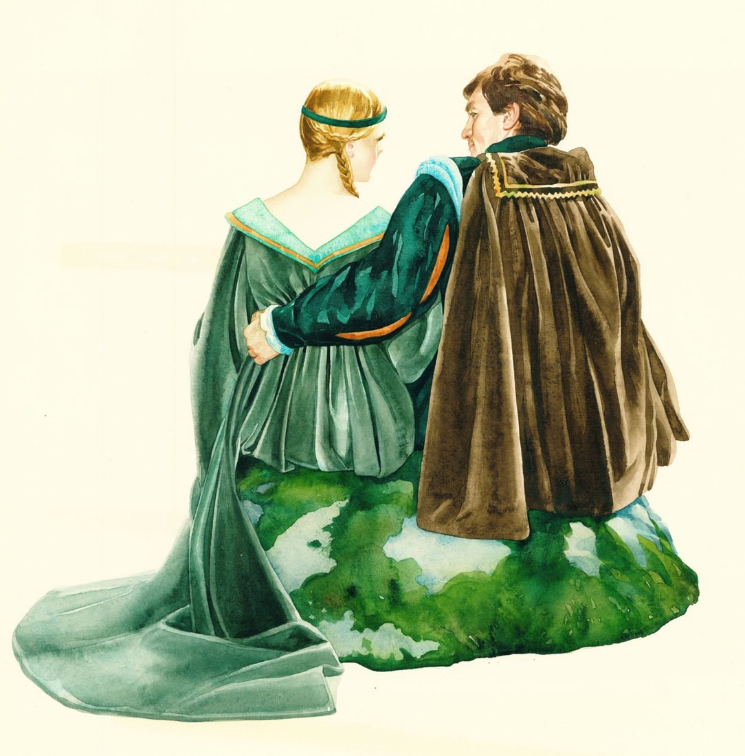 Liz Moyes (US,20C) watercolor painting: ARTIST: Liz Moyes (American, 20 century) TITLE: Courting Couple YEAR: 1980s MEDIUM: watercolor on paper. Paper applied to board. CONDITION: Few minor scr