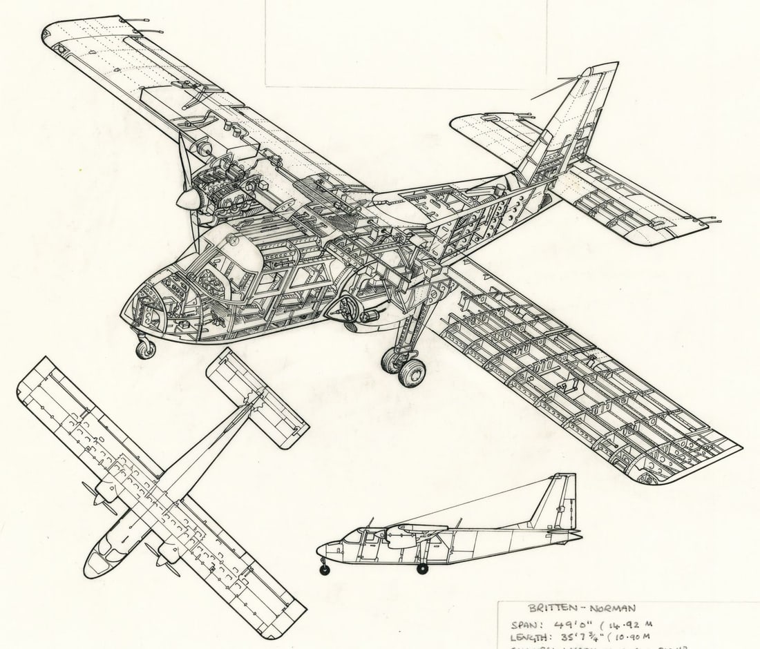 John Batchelor (UK,1936-2019) ink painting: ARTIST: John Henry Batchelor (United Kingdom, 1936 - 2019) TITLE: Britten Norman Plane YEAR: 1985 MEDIUM: ink on paper. Paper applied to board. CONDITION: