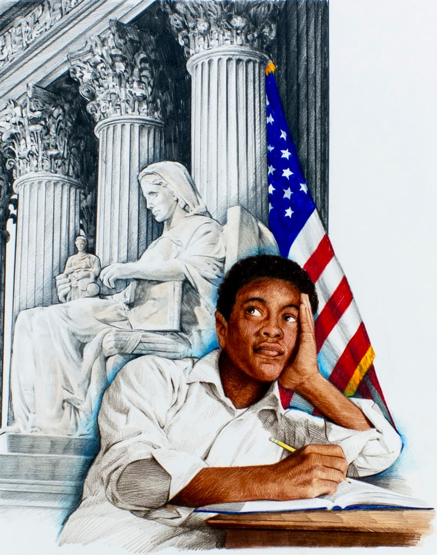 Paul Calle (CT,NY,1928-2010) colored pencil painting: ARTIST: Paul Calle (Connecticut, New York, 1928 - 2010) & Chris Calle (American, born 1961) TITLE: 1950s - Desegregation of Public Schools (titled on verso) YEAR: 1999 MEDIUM: