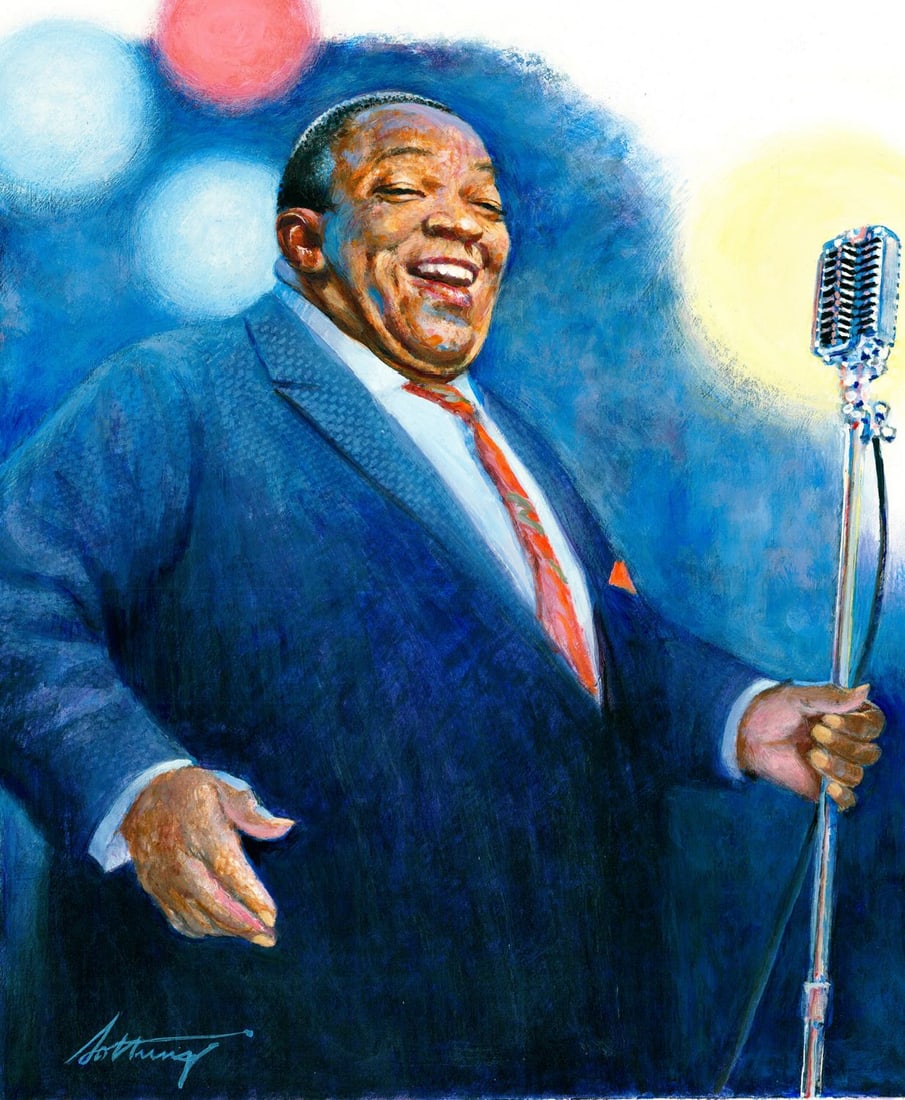 George Sottung (IL,1927-1999) oil painting: ARTIST: George Sottung (Illinois, 1927 - 1999) TITLE: Illustration - Portrait of Jimmy Rushing (titled on verso) YEAR: 1994 MEDIUM: oil on board CONDITION: