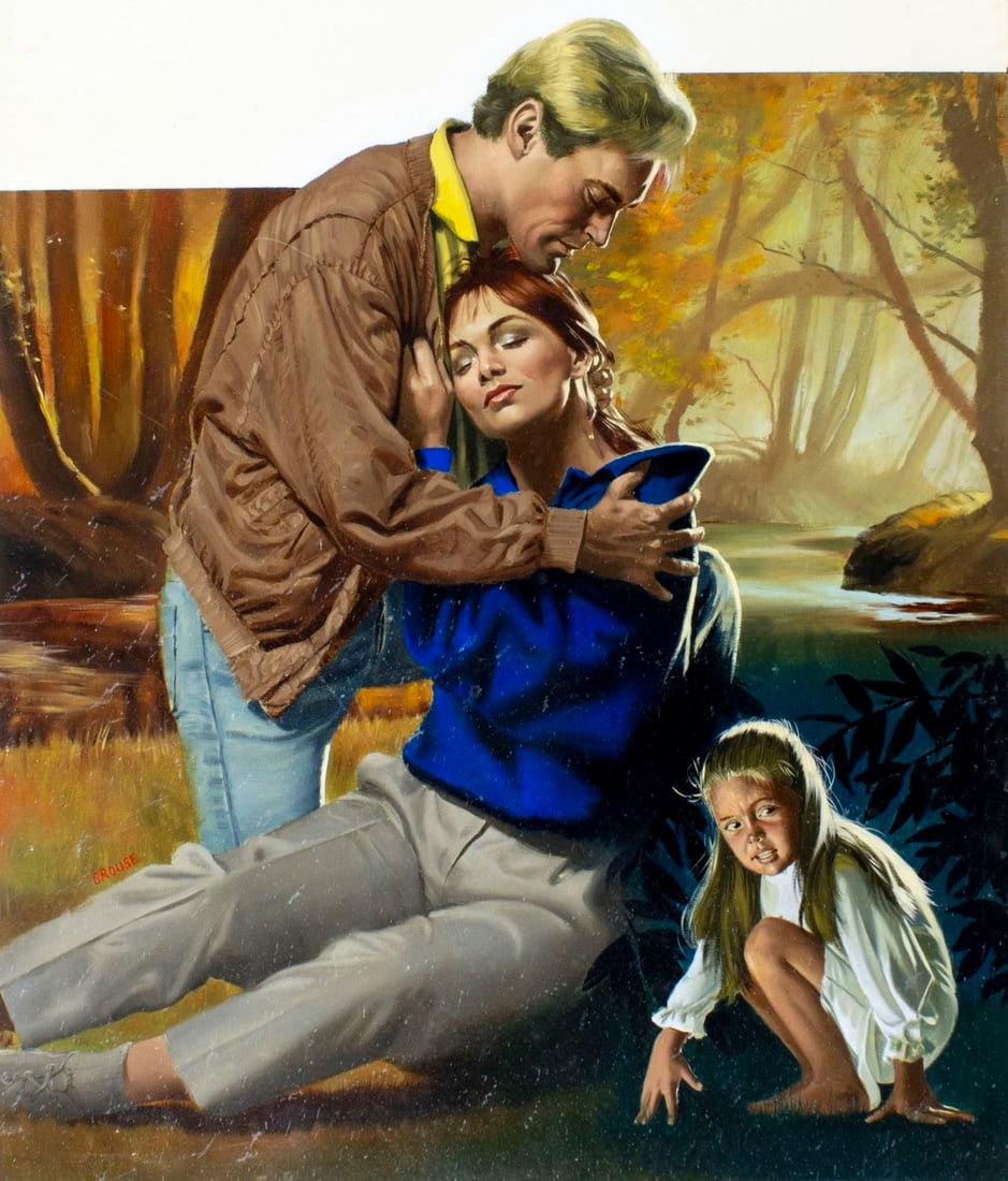 Danny Crouse (KS,OH,1938-1992) oil painting: ARTIST: Danny Crouse (Kansas, Ohio, 1938 - 1992) TITLE: Chase the Past (titled on verso) YEAR: 1987 MEDIUM: oil on board CONDITION: Small scratches/pai
