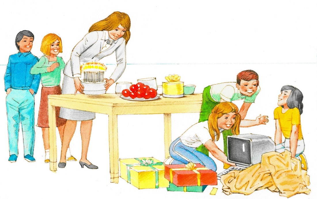 Alex Bloch (US,20C) watercolor painting: ARTIST: Alex Bloch (American, 20 century) TITLE: Illustration - Birthday Scene MEDIUM: watercolor on heavy paper CONDITION: Minor damage to the upper left corner. Minor age