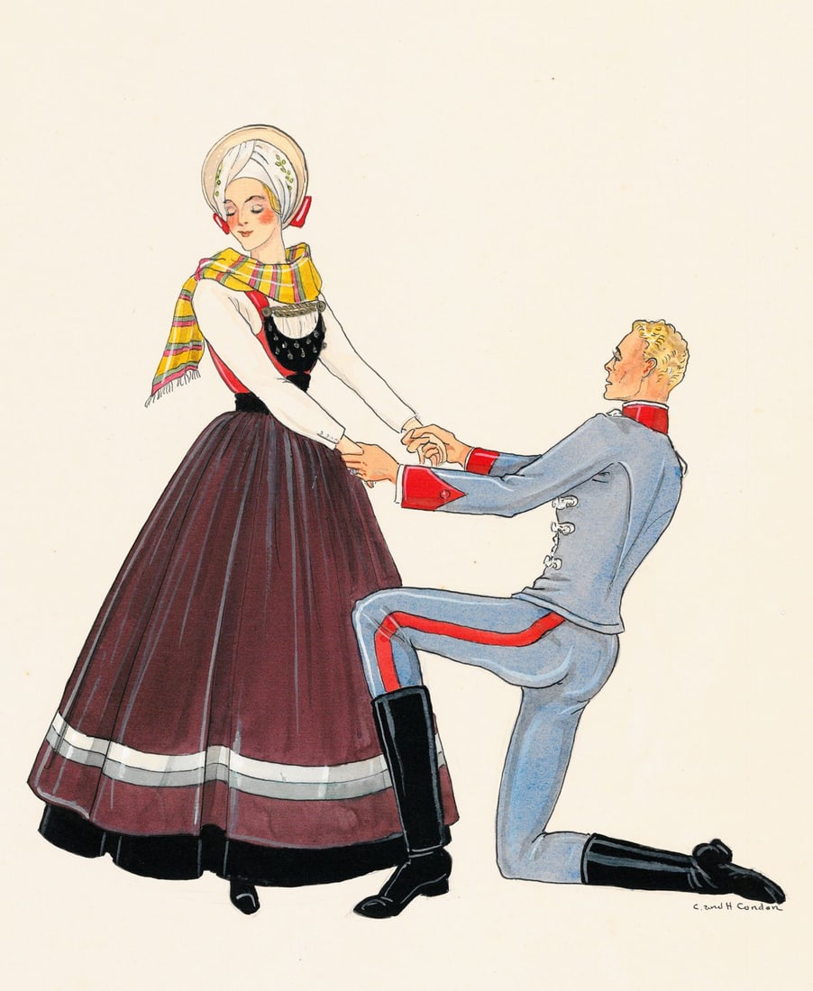 Hamilton Condon (US,Bahamas,early 20C) watercolor painting antique: ARTIST: Hamilton and Clarissa Condon (American, Bahamian, early 20 century) TITLE: Costume Design Illustration, Denmark, 1888 MEDIUM: watercolor on paper CONDITION: One nail