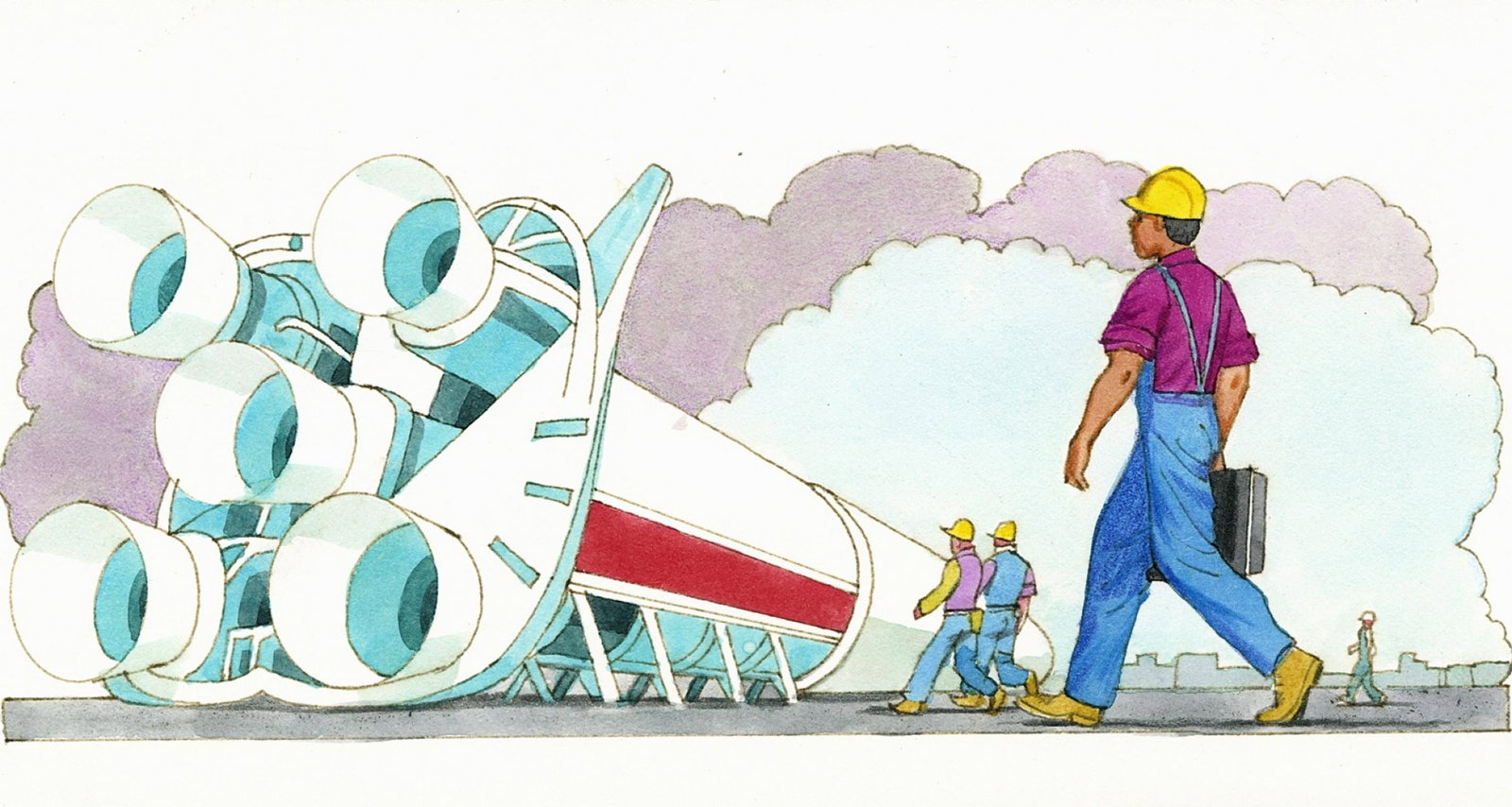 Alex Bloch (US,20C) watercolor painting: ARTIST: Alex Bloch (American, 20 century) TITLE: Illustration - Rocket MEDIUM: watercolor on heavy paper CONDITION: Overall good. ART SIZE: 3 x 6 inches
