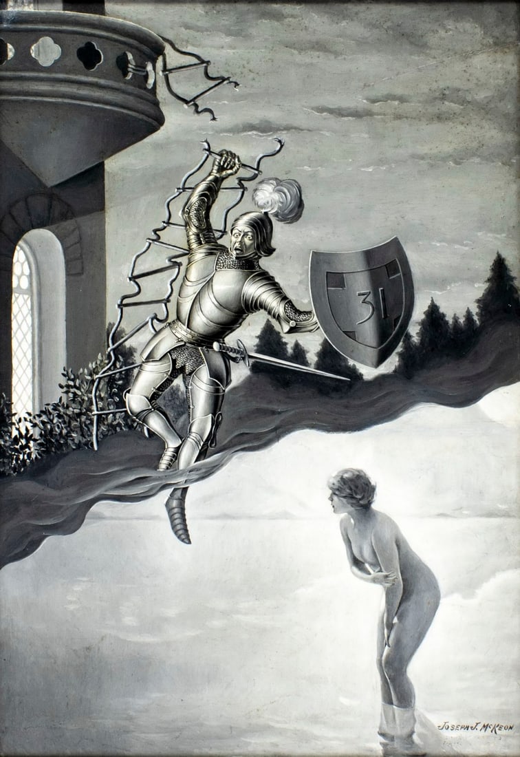 Joseph J McKeon (US,early 20C) oil painting antique: ARTIST: Joseph J McKeon (American, early 20 century) TITLE: Help! - The End of an August Knicht MEDIUM: oil on board CONDITION: One horizontal repaired crack. Few minor pain