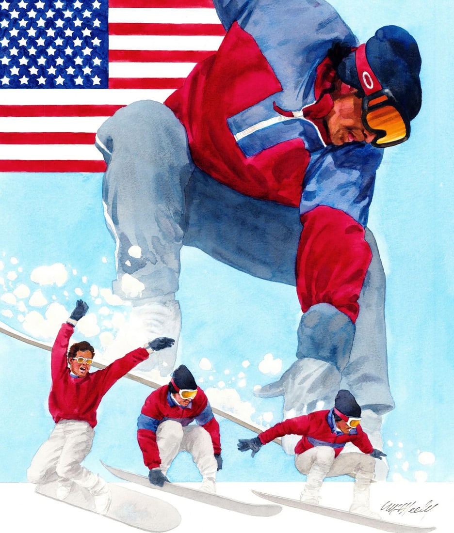 Tom McNeely (Canada,1935-?) watercolor painting: ARTIST: Tom McNeely (Canadian, 1935 - ???) TITLE: Snowboarding (titled on verso) YEAR: 2002 MEDIUM: watercolor on paper. Paper applied to board. CONDITION: