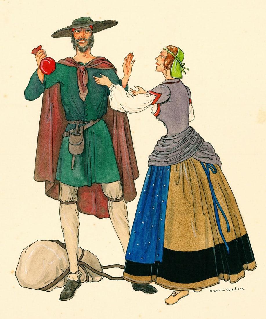Hamilton Condon (US,Bahamas,early 20C) watercolor painting antique: ARTIST: Hamilton and Clarissa Condon (American, Bahamas, early 20 century) TITLE: Costumes, Italy 1500, Lower Classes MEDIUM: watercolor on heavy paper CONDITION: One nail h