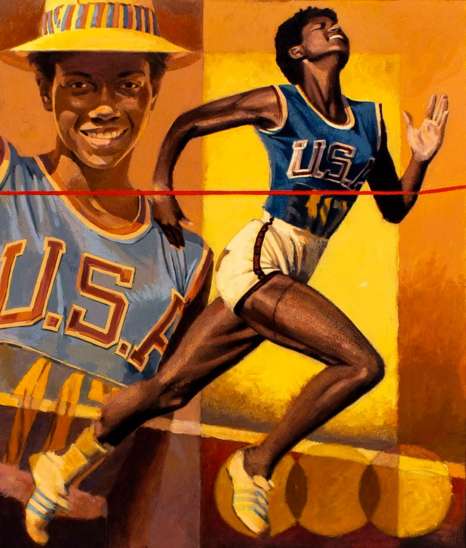 Lois Hatcher (US,1946-?) acrylic painting: ARTIST: Lois Hatcher (American, 1946 - ???) TITLE: Wilma Rudolph YEAR: 2004 MEDIUM: acrylic on board CONDITION: Very good. No visible inpaint under UV