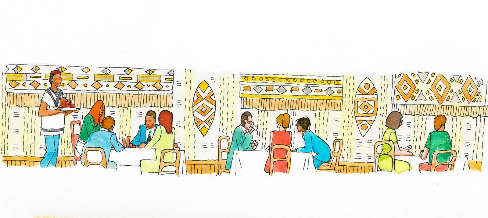Alex Bloch (US,20C) watercolor painting: ARTIST: Alex Bloch (American, 20 century) TITLE: Illustration - Cafe Scene MEDIUM: watercolor on heavy paper CONDITION: Minor damage to the upper right corner. Some uneven a