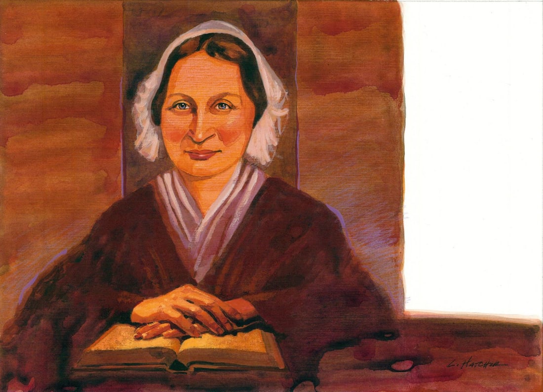 Lois Hatcher (US,1946-?) watercolor painting: ARTIST: Lois Hatcher (American, 1946 - ???) TITLE: Portrait of Mary Lyon (titled on verso) YEAR: 1987 MEDIUM: watercolor on board CONDITION: Some small
