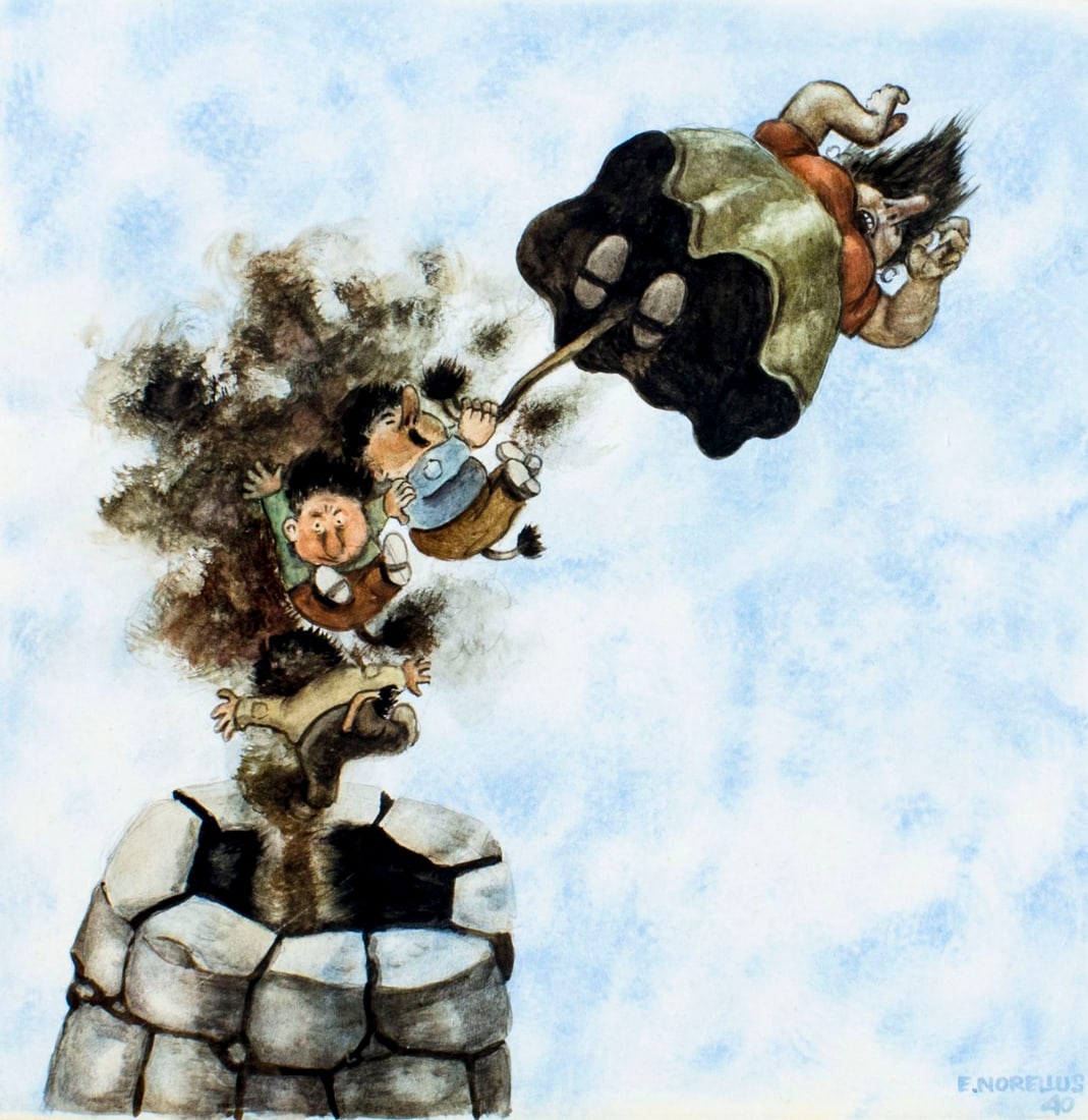 Einar Norelius (Denmark,1900-1984) watercolor painting: ARTIST: Einar Norelius (Danish, 1900 - 1984) TITLE: Fairy Tale Illustration YEAR: 1940 MEDIUM: watercolor on paper CONDITION: Faint scratch in lower le