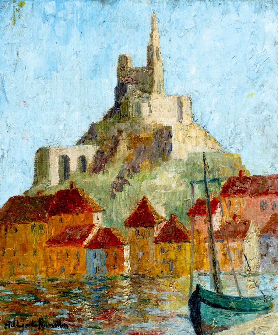 Hildegarde Hamilton (FL,VA,1898-1970) oil painting: ARTIST: Hildegarde Hume Hamilton (Florida, Virginia, 1898 - 1970) TITLE: Mountain Cityscape MEDIUM: oil on canvas CONDITION: Unstretched (In-House stretching available) (I