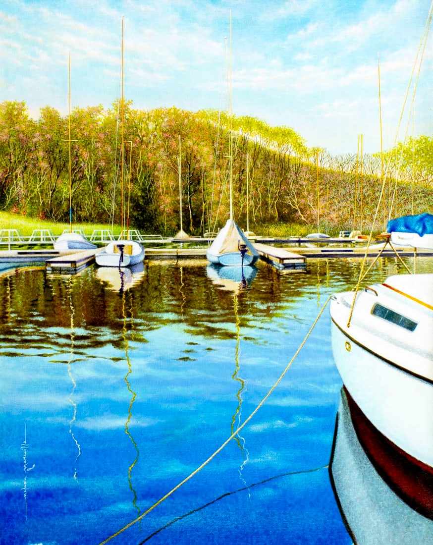 Nelson Maravilla (US,20C) oil painting: ARTIST: Nelson Maravilla (American, 20 century) TITLE: Landscape with Boats MEDIUM: oil on canvas CONDITION: Unstretched (In-House stretching available) (In-House stretching