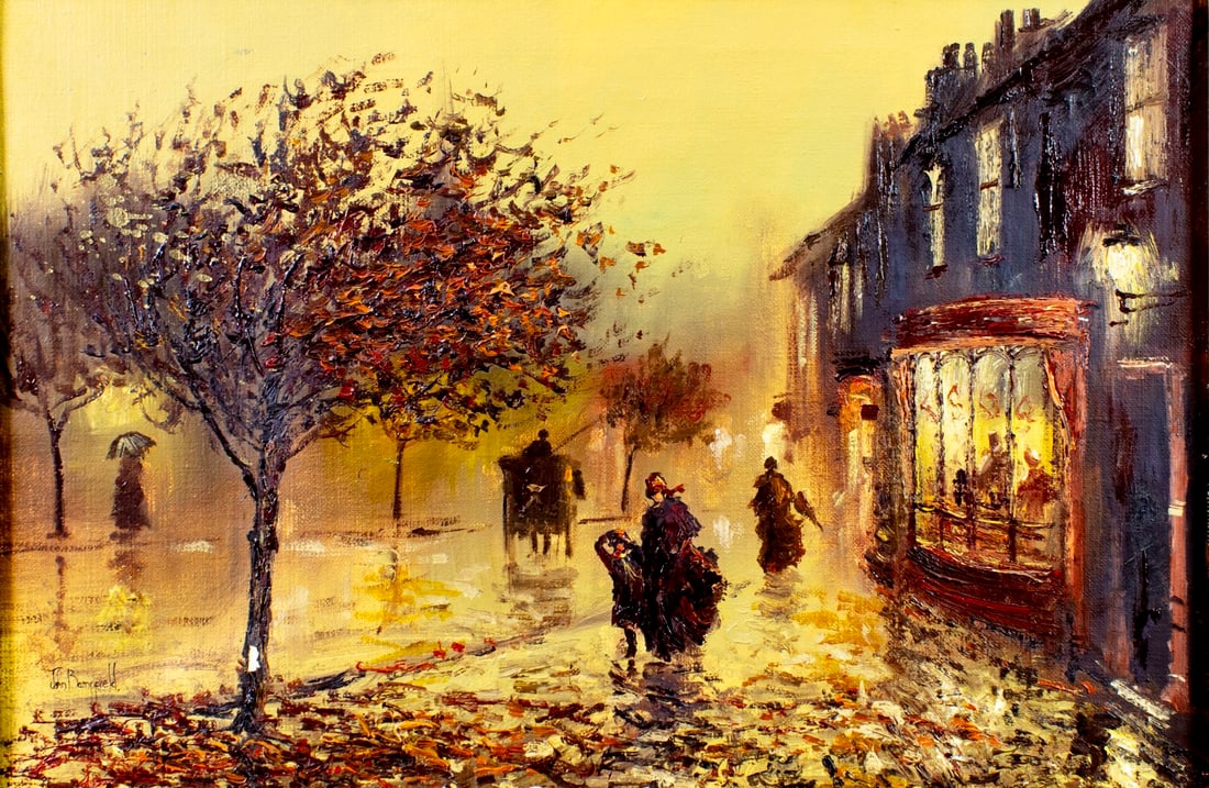 John Bampfield (UK,b 1947) oil painting: ARTIST: John Bampfield (Unioted Kingdom, born 1947) TITLE: Evening Cityscape MEDIUM: oil on canvas CONDITION: Some paint losses mostly in the lower left quadrant. Some craqu