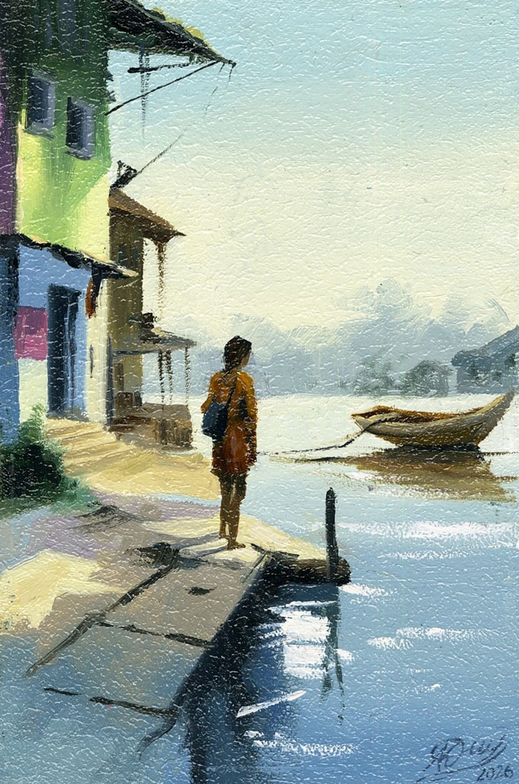 Anna Kozachuk (Ukraine,b 2002) oil painting: ARTIST: Anna Vladimirovna Kozachuk (Ukraine, born 2002) TITLE: Town Landscape with Boat MEDIUM: oil on board CONDITION: Very good. No visible inpaint under UV light.