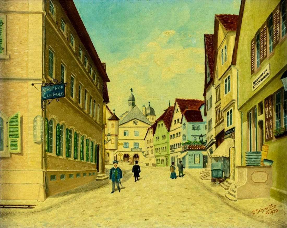 J Schmitt (German,20C) oil painting: ARTIST: J Schmitt (Germany, 20 century) TITLE: German Cityscape YEAR: 1970 MEDIUM: oil on canvas board CONDITION: Overall good. No visible inpaint under