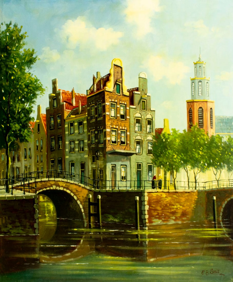 E F Smit (Dutch,20C) oil painting: ARTIST: E F Smit (Netherlands, 20 century) TITLE: Canal Cityscape MEDIUM: oil on canvas CONDITION: Unstretched (In-House stretching available) (In-House stretching available