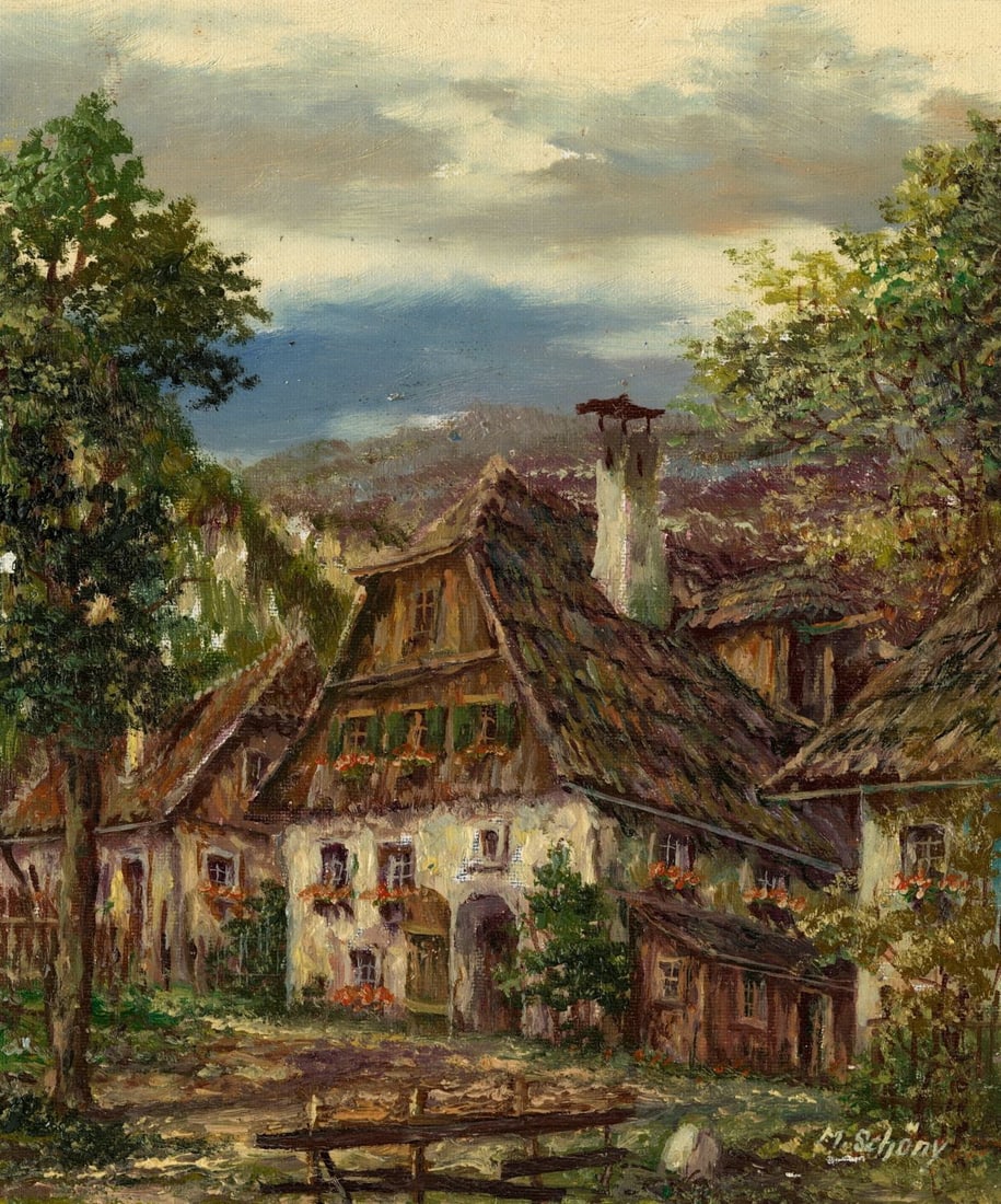 M Schony (German,1913-?) oil painting: ARTIST: M Schony (Germany, 1913 - ???) TITLE: Village Landscape, Austria MEDIUM: oil on canvas CONDITION: Unstretched (In-House stretching available) (In-House stretching