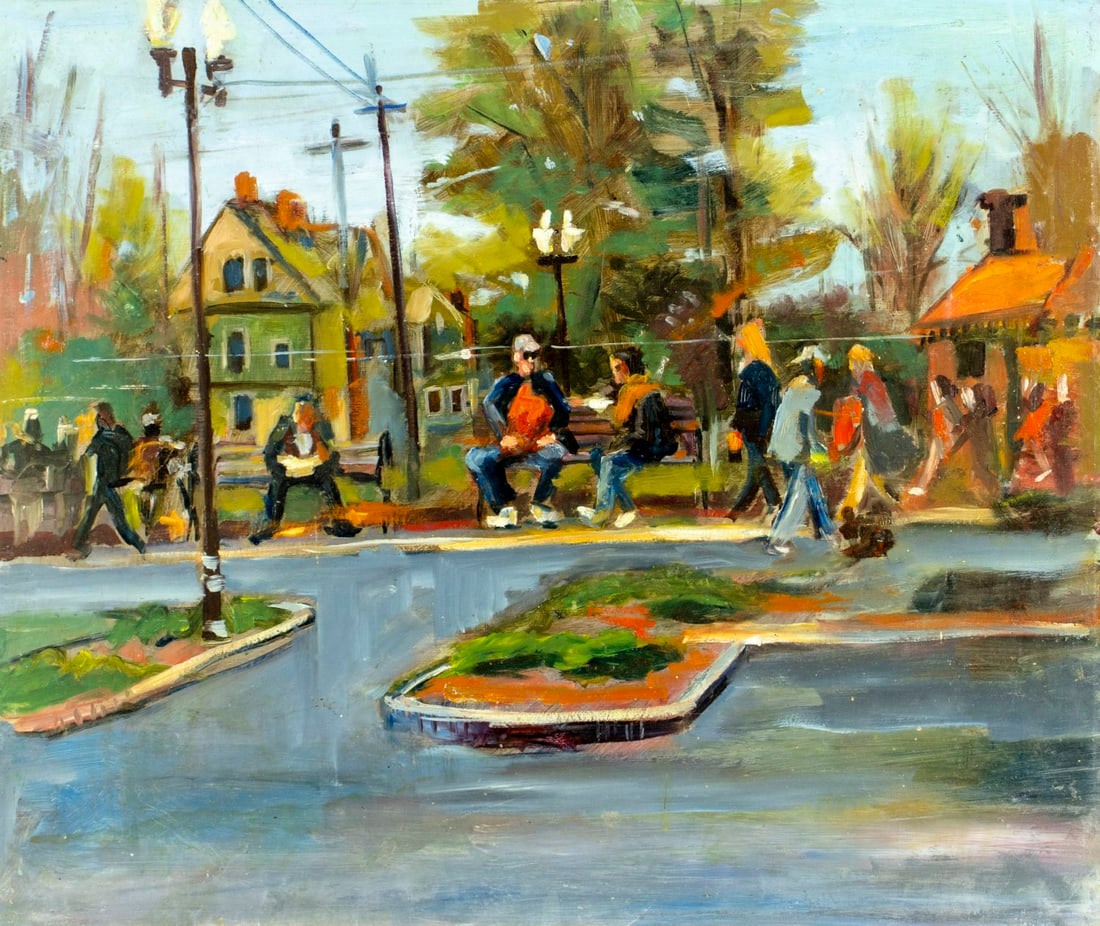 John Reilly (NY,NJ,1942-2021) oil painting: ARTIST: John Reilly (New York, New Jersey, 1942 - 2021) TITLE: Street Scene MEDIUM: oil on board CONDITION: Some scratches/paint losses. No visible inpaint under UV light.