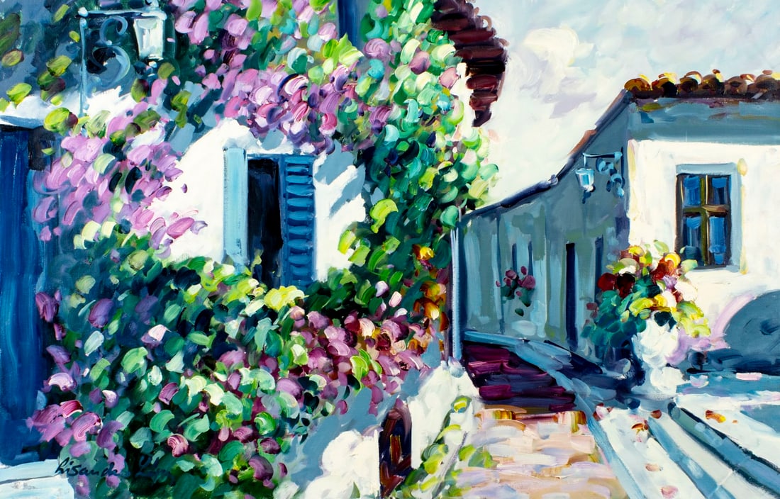 Lisandro Baylon (Argentina,US,1951-?) oil painting: ARTIST: Lisandro Lopez Baylon (Argentinian, American, 1951 - ???) TITLE: Cityscape MEDIUM: oil on canvas CONDITION: Unstretched (In-House stretching available) (In-House s