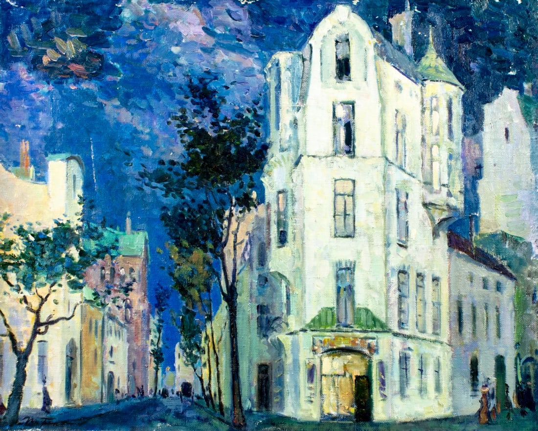 Vintage 20C European oil painting signed: ARTIST: - (Europe, 20 century) TITLE: Evening Cityscape MEDIUM: oil on canvas CONDITION: Unstretched (In-House stretching available). Some flaking/paint losses (see pictures