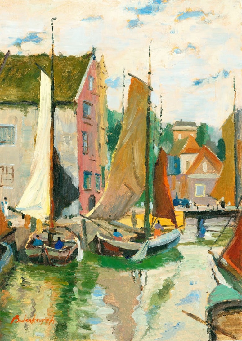 Volodymyr Budenkevych (Ukraine,20/21C) oil painting: ARTIST: Volodymyr Budenkevych (Ukraine, 20/21 centuries) TITLE: Harbor Scene MEDIUM: oil on heavy paper CONDITION: Very good. No visible inpaint under UV light. A