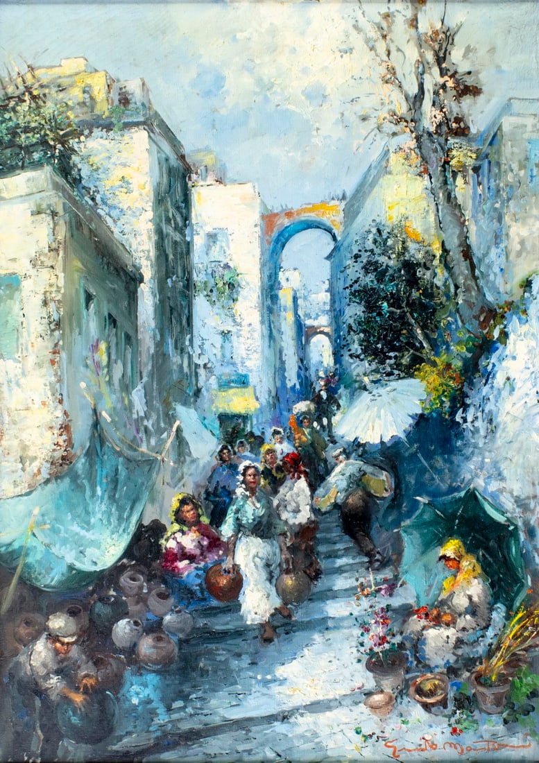 Vintage 20C European oil painting signed: ARTIST: - (Europe, 20 century) TITLE: Market Scene MEDIUM: oil on canvas CONDITION: Few minor paint losses. Some craquelure. No visible inpaint under UV light. Some small