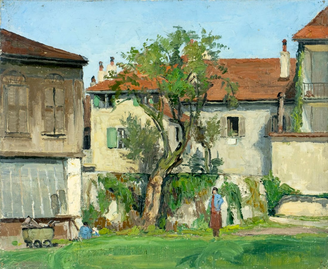 Louis Uldry (Swiss,1878-1960) oil painting: ARTIST: Louis Uldry (Switzerland, 1878 - 1960) TITLE: Town Scene MEDIUM: oil on canvas CONDITION: Some pinholes by the corners. Minor paint losses. No visible inpaint unde