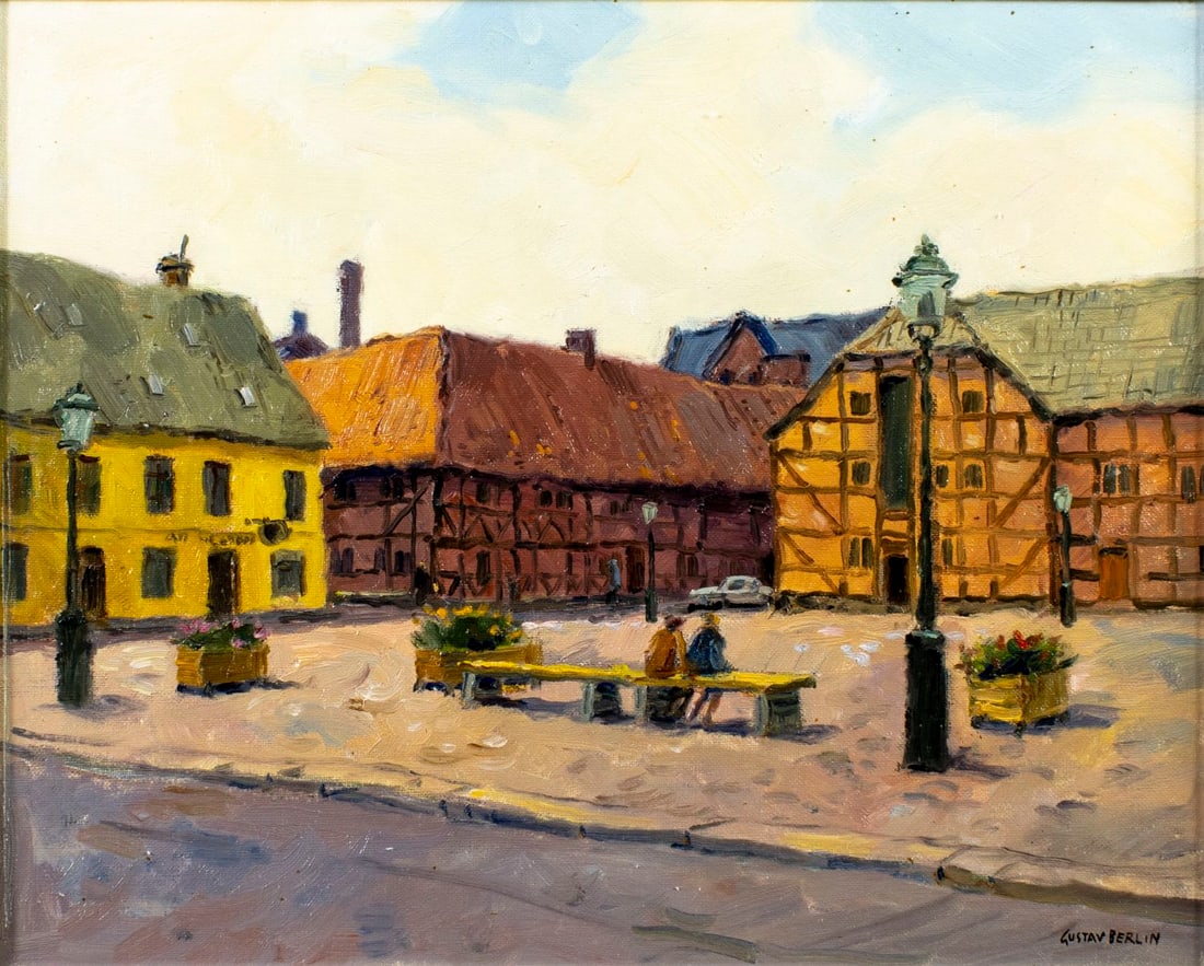 Gustav Berlin (Sweden,1905-1988) oil painting: ARTIST: Gustav Berlin (Swedish, 1905 - 1988) TITLE: European Cityscape, Lilla Torg, Malmo, Denmark (titled on verso) MEDIUM: oil on canvas CONDITION: Overall good. No visibl