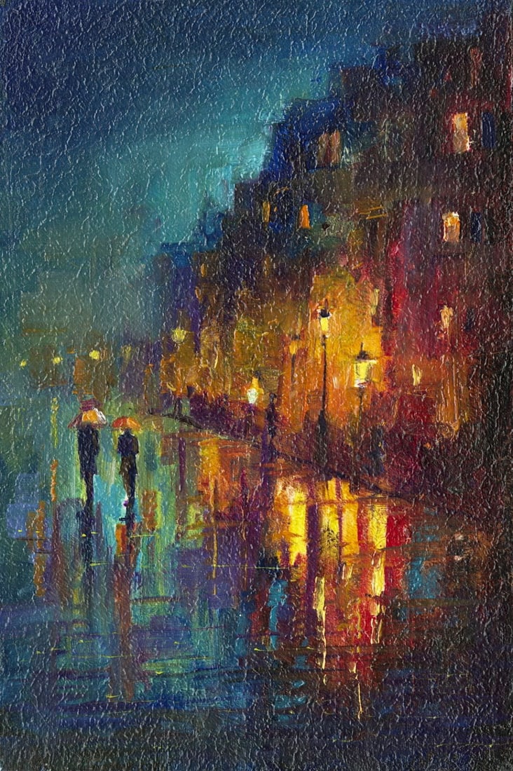 Sergey Kozachkin (Ukraine,b 1965) oil painting: ARTIST: Sergey Vasilievich Kozachkin (Ukraine, born 1965) TITLE: Rainy Night Cityscape MEDIUM: oil on board CONDITION: Very good. No visible inpaint under UV light.