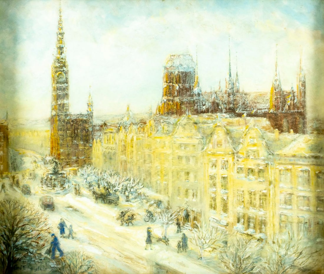 Edelstein (Europe,early 20C) pastel painting antique: ARTIST: Edelstein (European, early 20 century) TITLE: Cityscape - Lange Markt, Danzig, Poland MEDIUM: pastel on paper CONDITION: Some age toning. Some small paint losses. Fr