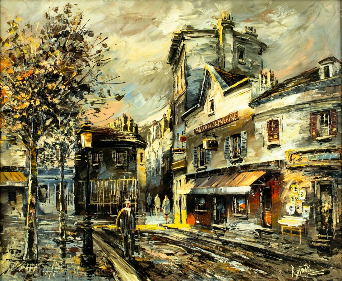 Rusinol (France,20C) oil painting: ARTIST: Rusinol (French, 20 century) TITLE: Paris Cityscape, France MEDIUM: oil on canvas CONDITION: Some paint losses mostly in the lower right quadrant. Some craquelure. N