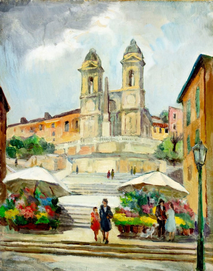 Vintage 20C Italian oil painting: ARTIST: - (Italy, 20 century) TITLE: Cityscape - Spanish Steps, Rome, Italy MEDIUM: oil on canvas. Canvas applied to board. CONDITION: Few nail holes along edges. Few smal