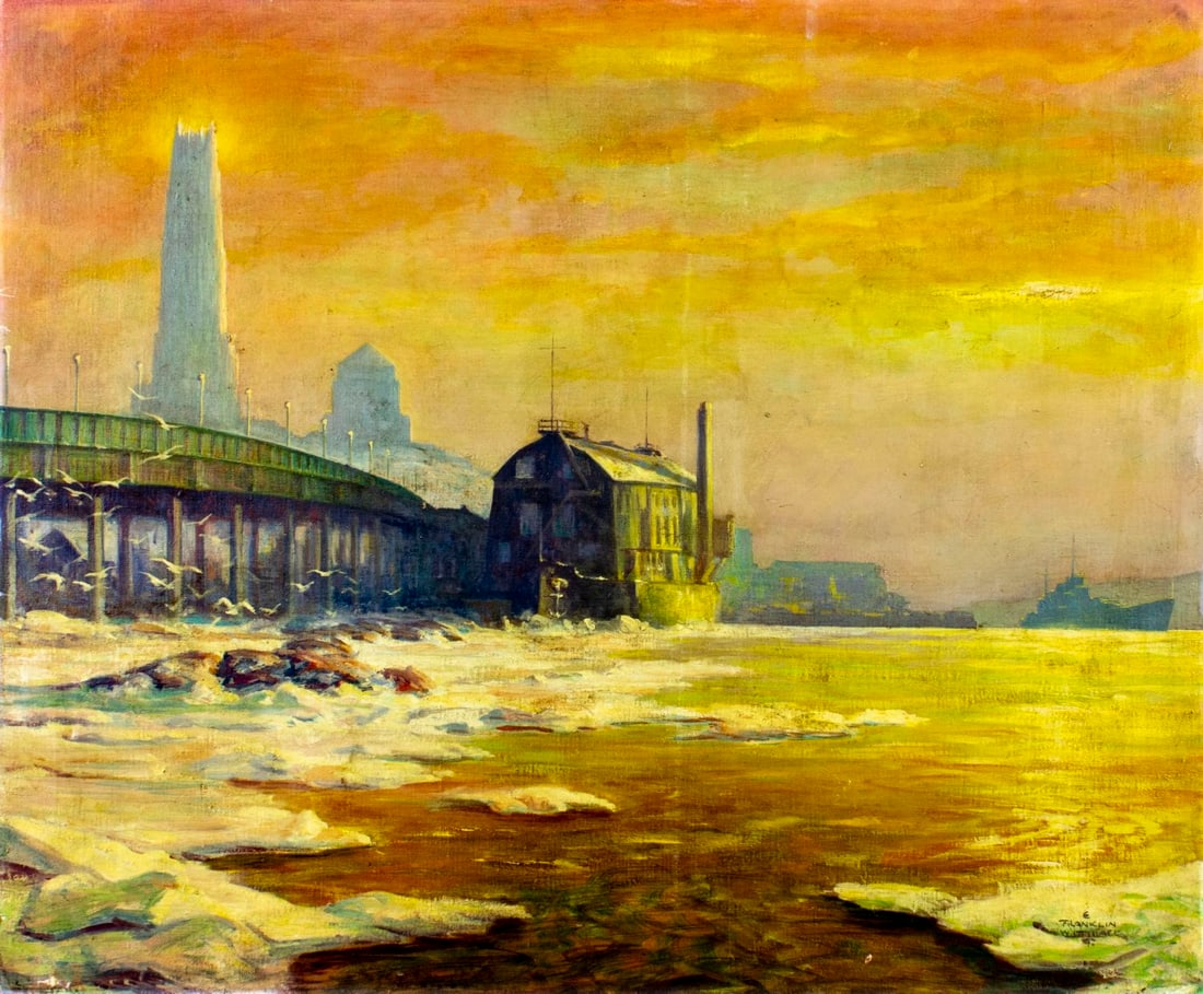 Edgar Wittmack (NY,1894-1956) oil painting: ARTIST: Edgar Franklin Whitmack (New York, 1894 - 1956) TITLE: Sunset Coastal Cityscape MEDIUM: oil on canvas CONDITION: One small puncture by the lower left corner. Few s