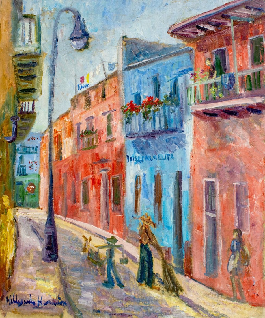 Hildegarde Hamilton (FL,VA,1898-1970) oil painting: ARTIST: Hildegarde Hume Hamilton (Florida, Virginia, 1898 - 1970) TITLE: Cityscape MEDIUM: oil on canvas CONDITION: Minor paint losses mostly along edges. No visible inpai