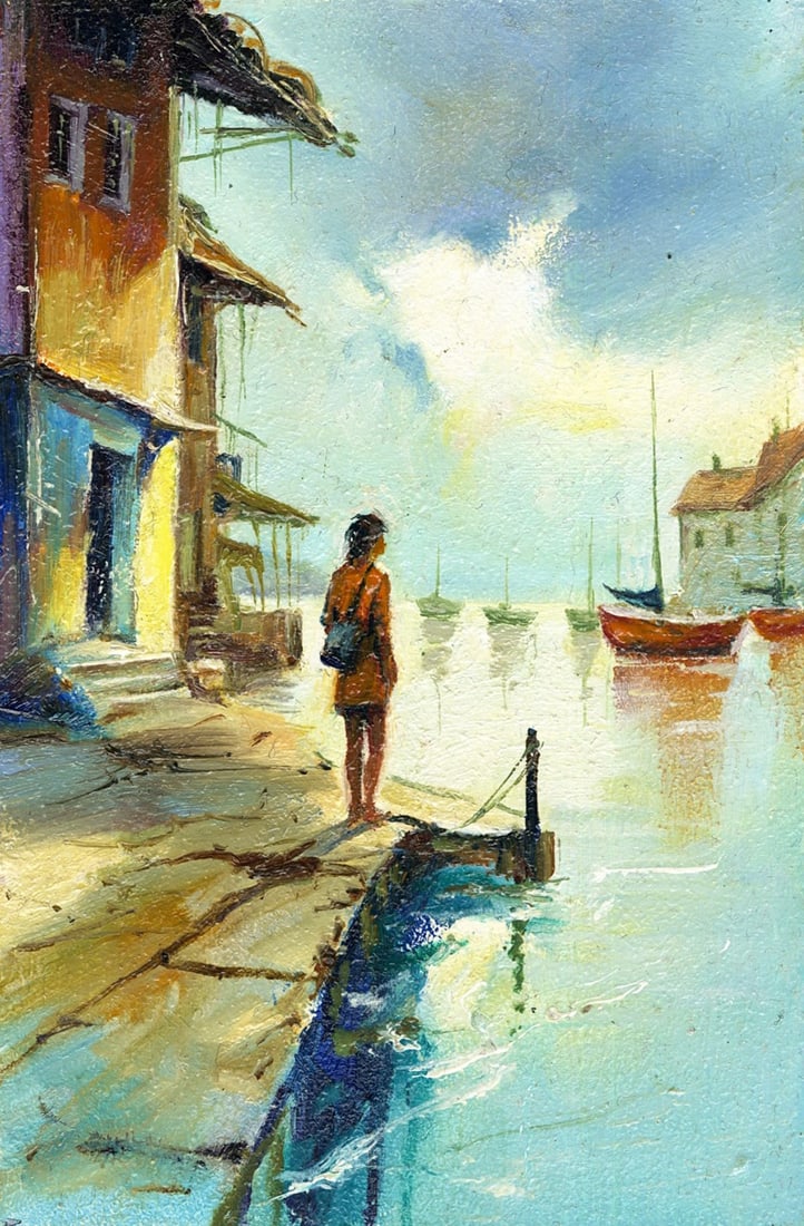 Sergey Kozachkin (Ukraine,b 1965) oil painting: ARTIST: Sergey Vasilievich Kozachkin (Ukraine, born 1965) TITLE: Coastal Town Scene MEDIUM: oil on board CONDITION: Very good. No visible inpaint under UV light.