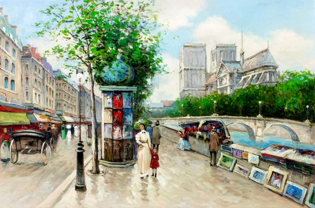 Contemporary decorative oil painting: ARTIST: - (20 century) TITLE: Paris Cityscape, France MEDIUM: oil on canvas CONDITION: Overall good. No visible inpaint under UV light. Normal wear to edges. ART