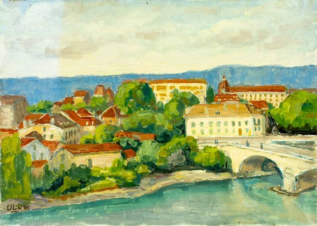 Louis Uldry (Swiss,1878-1960) oil painting: ARTIST: Louis Uldry (Switzerland, 1878 - 1960) TITLE: Coastal Cityscape MEDIUM: oil on canvas CONDITION: Minor paint losses. No visible inpaint under UV light. Normal wear