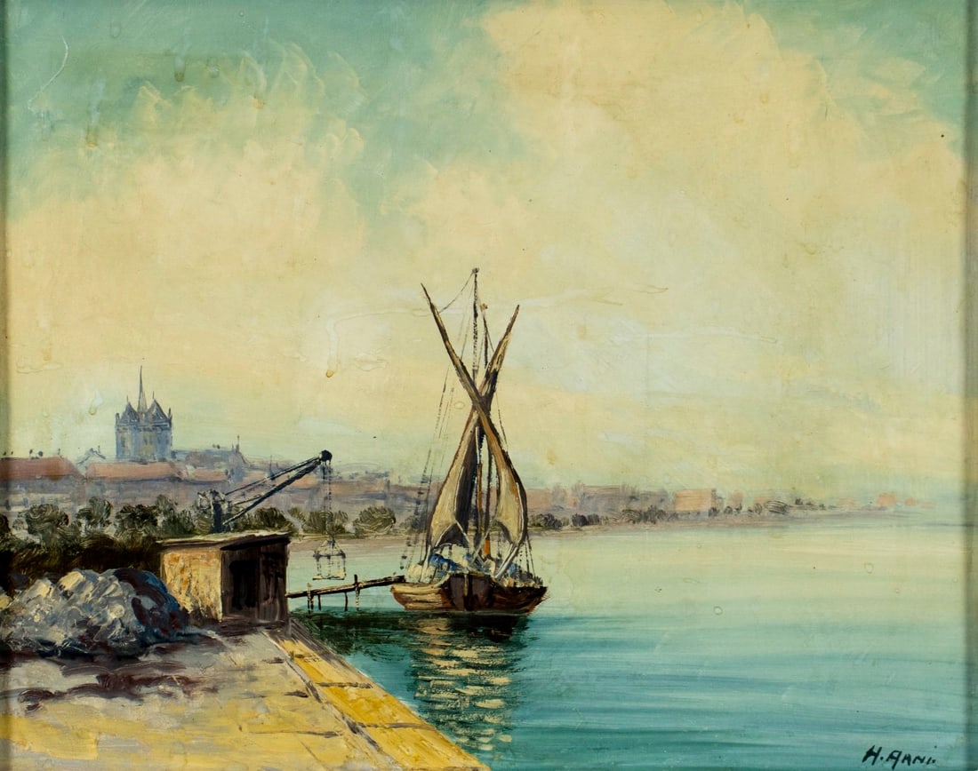 H Arno (Europe,mid 20C) oil painting: ARTIST: H Arno (European, mid 20 century) TITLE: Harbor Scene MEDIUM: oil on board CONDITION: Few scratches/paint losses mostly in the upper left quadrant. Minor staining. N