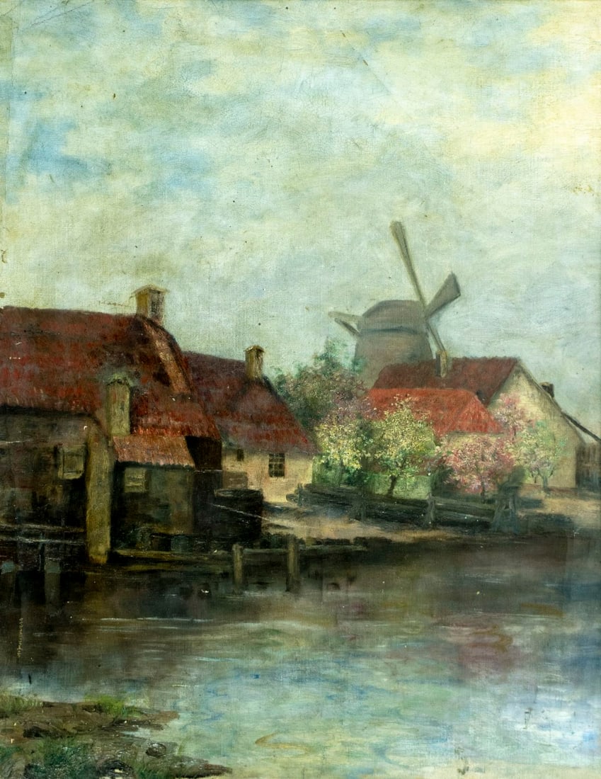 Antique 19C European oil painting signed: ARTIST: - (Europe, 19 century) TITLE: Village Landscape MEDIUM: oil on canvas CONDITION: Some scratches/paint losses. Some craquelure. No visible inpaint under UV light. F