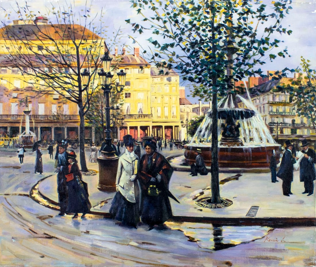 L Kevin (Europe,20C) oil painting: ARTIST: L Kevin (European, 20 century) TITLE: Cityscape with Fountain MEDIUM: oil on canvas CONDITION: Unstretched (In-House stretching available) (In-House stretching avail