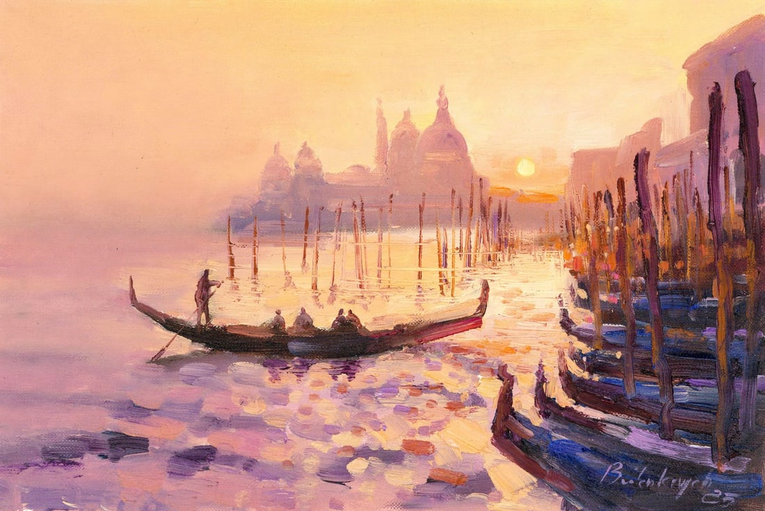 Volodymyr Budenkevych (Ukraine,20/21C) oil painting: ARTIST: Volodymyr Budenkevych (Ukrainian, 20/21 centuries) TITLE: Sunset Venice Cityscape, Italy MEDIUM: oil on heavy paper CONDITION: Very good. No visible inpaint under UV