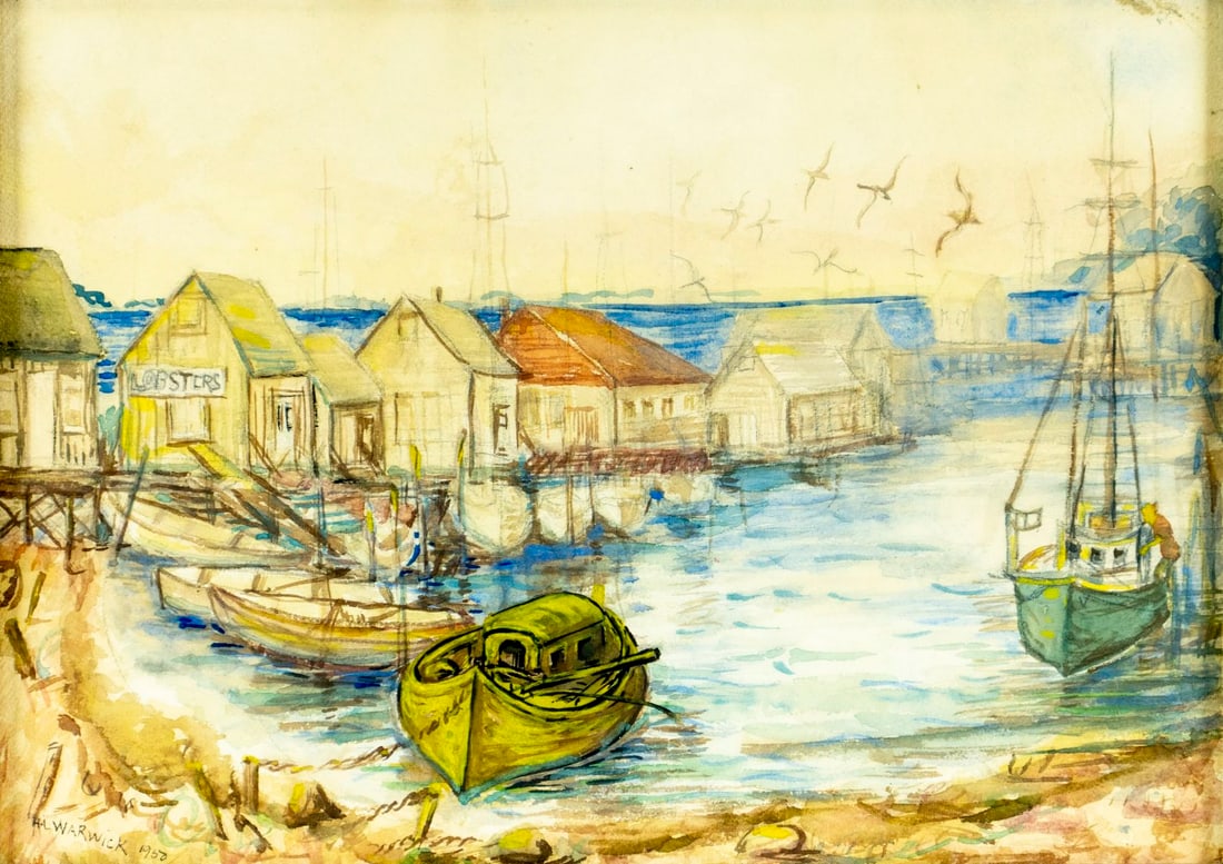 H L Warwick (US,mid 20C) watercolor painting: ARTIST: H L Warwick (American, mid 20 century) TITLE: Harbor Scene YEAR: 1950 MEDIUM: watercolor on paper CONDITION: Some age toning. Framed under glass.