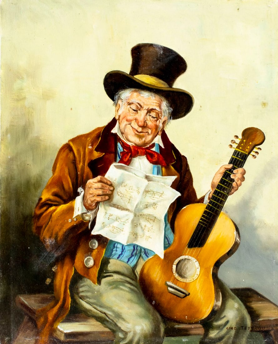 Gino Testaguzza (US,Italy,mid 20C) oil painting: ARTIST: Gino Testaguzza (American, Italian, mid 20 century) TITLE: Guitar Player MEDIUM: oil on canvas CONDITION: Few minor paint losses. No visible inpaint under UV light.<