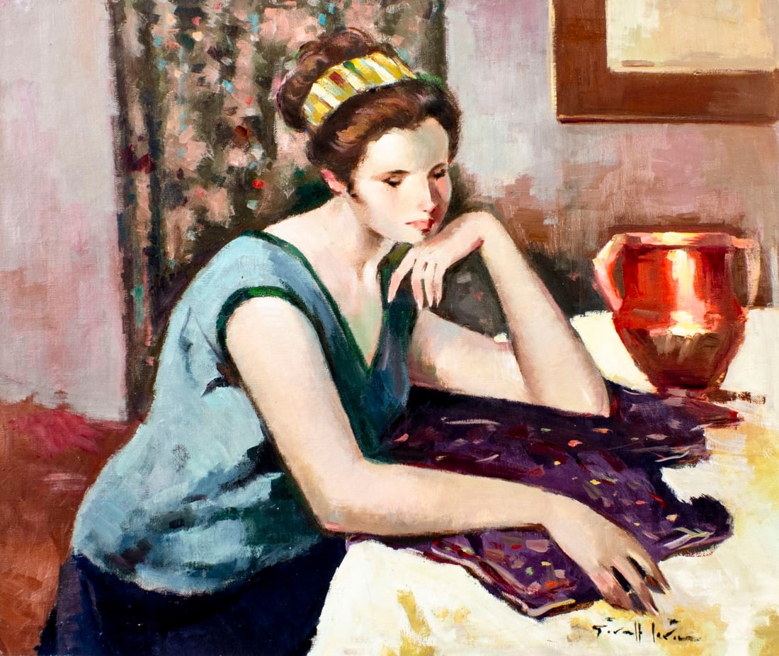 Joan Giralt Lerin (Spain,1907-?) oil painting: ARTIST: Joan Giralt Lerin (Spanish, 1907 - ???) TITLE: Woman at Table MEDIUM: oil on canvas CONDITION: Unstretched (In-House stretching available) (In-House stretching ava