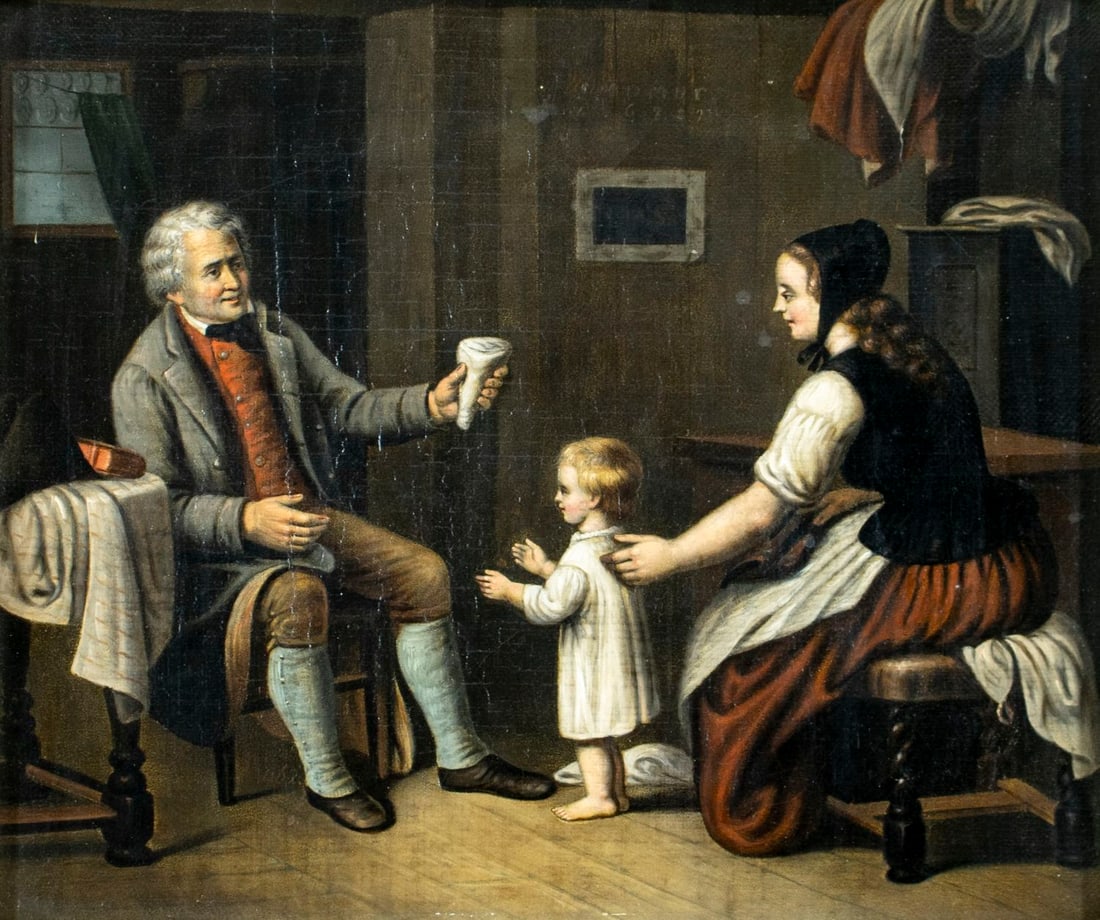 Antique early 20C European oil painting: ARTIST: - (Europe, early 20 century) TITLE: Family Scene MEDIUM: oil on canvas CONDITION: Few minor paint losses. Some craquelure. No visible inpaint under UV light. Some da
