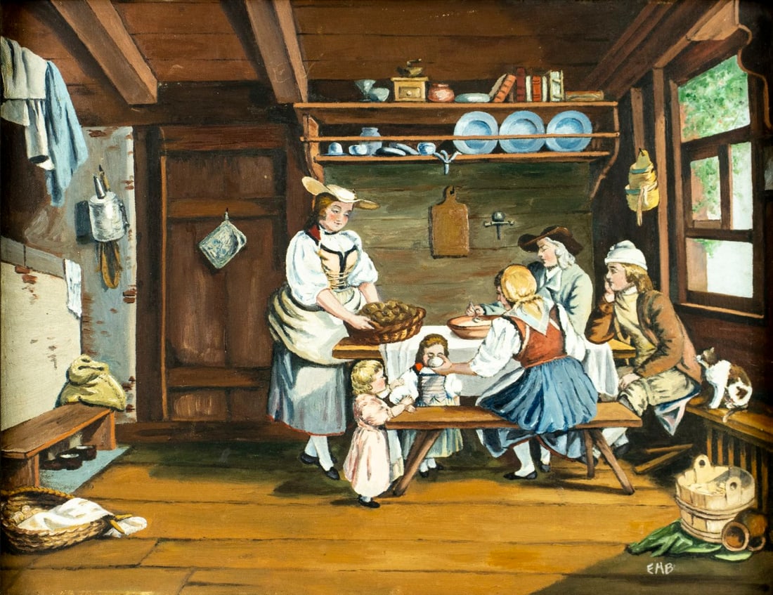 Vintage mid 20C American oil painting: ARTIST: - (American, mid 20 century) TITLE: Interior Scene MEDIUM: oil on canvas board CONDITION: Few small scratches mostly along upper edge. No visible inpaint under UV